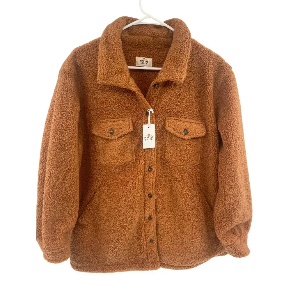 Marine Layer Womens Eden Sherpa Overshirt Cashew Button Front Shacket Size L Nwt